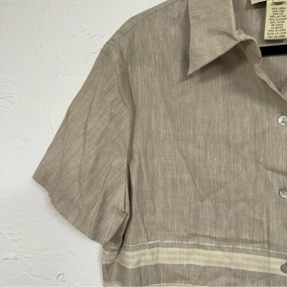 Vintage Beige & Cream Linen Button Down Shirt Womens 2 Short Sleeve Beachy Top - Picture 5 of 8
